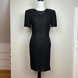 Vintage Black Silk Beaded Sequin Short Sleeve Cocktail Holiday Party Dress